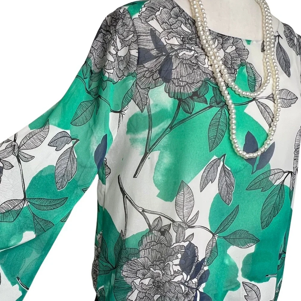 Alfani Floral Pullover Bubble Hem Top with Tank Angel Sleeves Green White Small - Picture 17 of 17